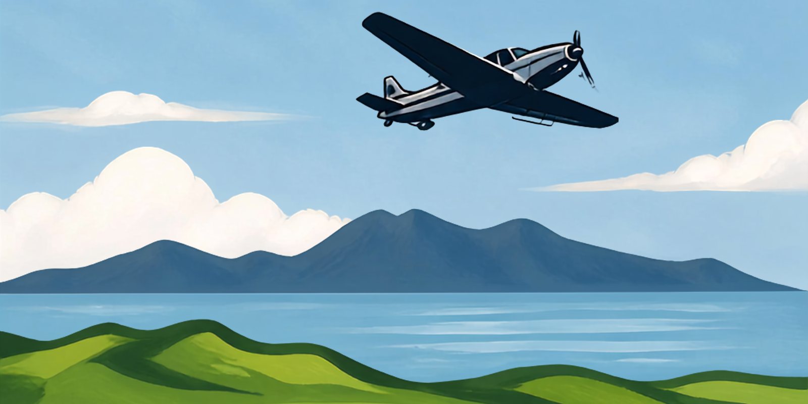 Painting of Arran seen across the links, with a plane overhead